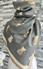 Load image into Gallery viewer, lusciousscarves Ladies Large Grey Soft Blanket Scarf with a Quirky Embroidered Cats Design
