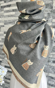 lusciousscarves Ladies Large Grey Soft Blanket Scarf with a Quirky Embroidered Cats Design
