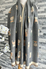 Load image into Gallery viewer, lusciousscarves Ladies Large Grey Soft Blanket Scarf with a Quirky Embroidered Cats Design
