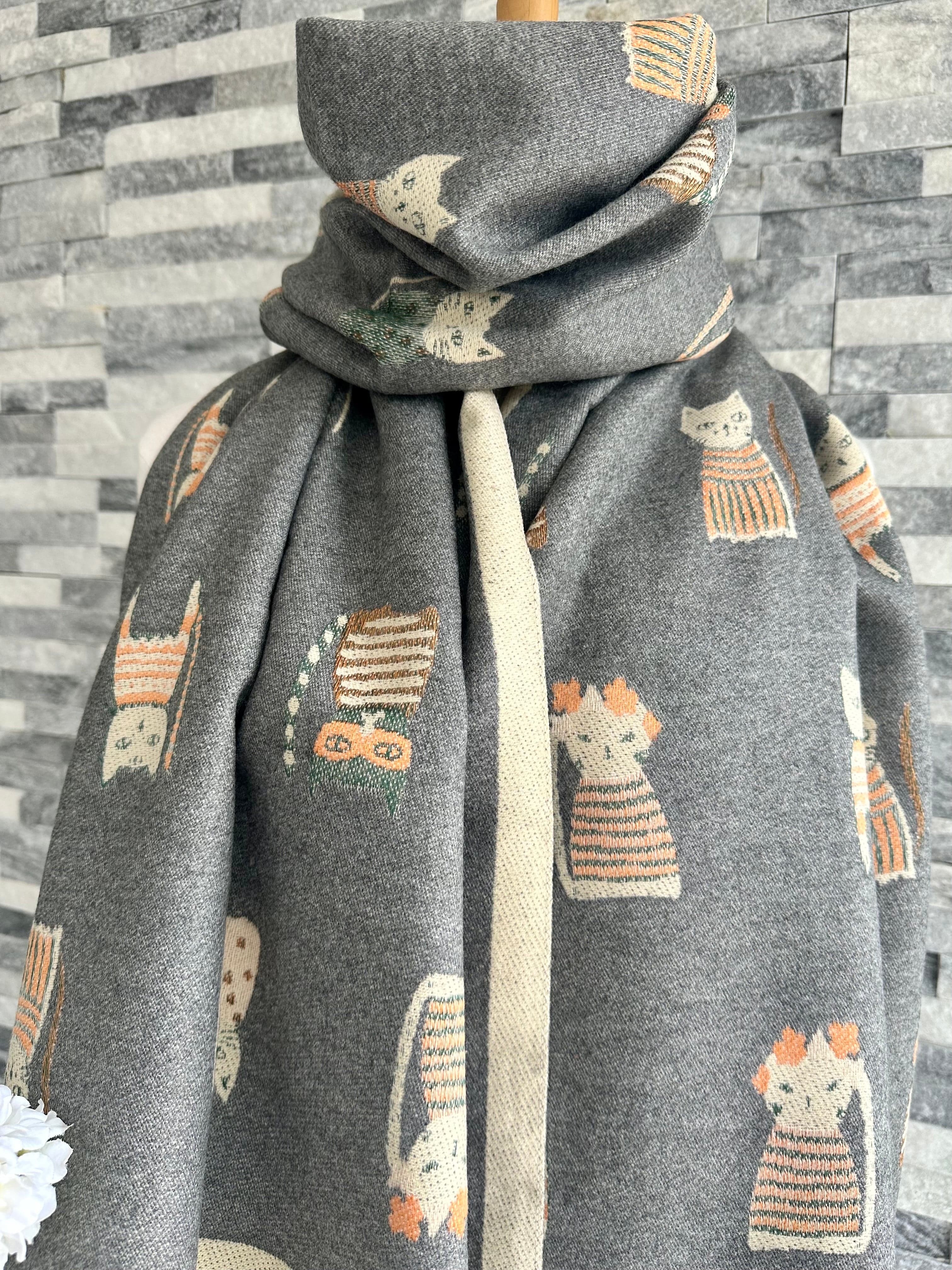 lusciousscarves Ladies Large Grey Soft Blanket Scarf with a Quirky Embroidered Cats Design