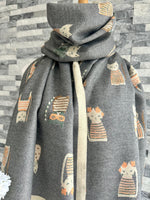 Load image into Gallery viewer, lusciousscarves Ladies Large Grey Soft Blanket Scarf with a Quirky Embroidered Cats Design
