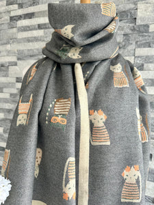 lusciousscarves Ladies Large Grey Soft Blanket Scarf with a Quirky Embroidered Cats Design