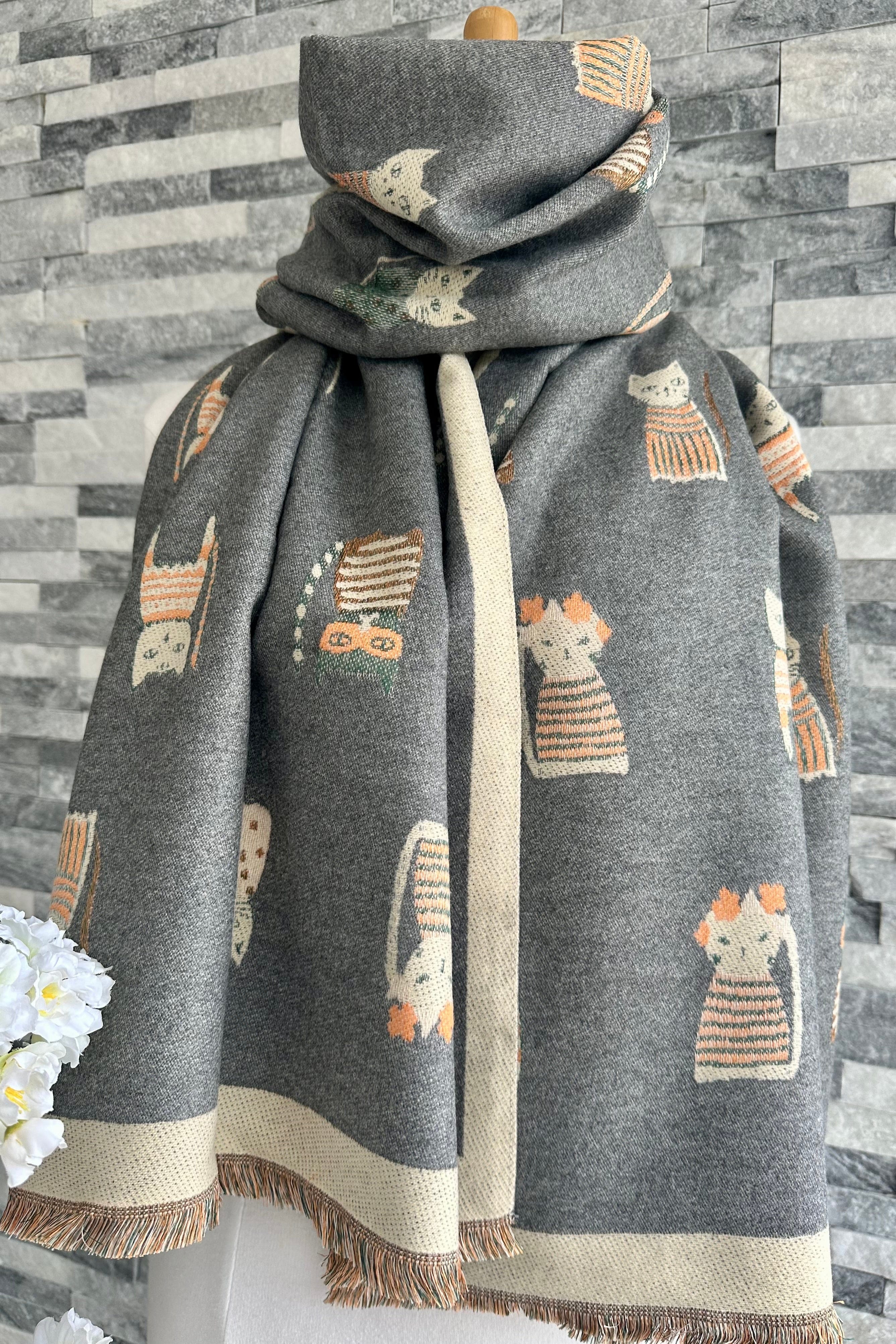 lusciousscarves Ladies Large Grey Soft Blanket Scarf with a Quirky Embroidered Cats Design