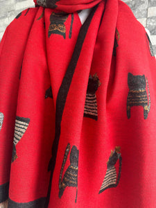 lusciousscarves Ladies Large Red Soft Blanket Scarf with a Quirky Embroidered Cats Design