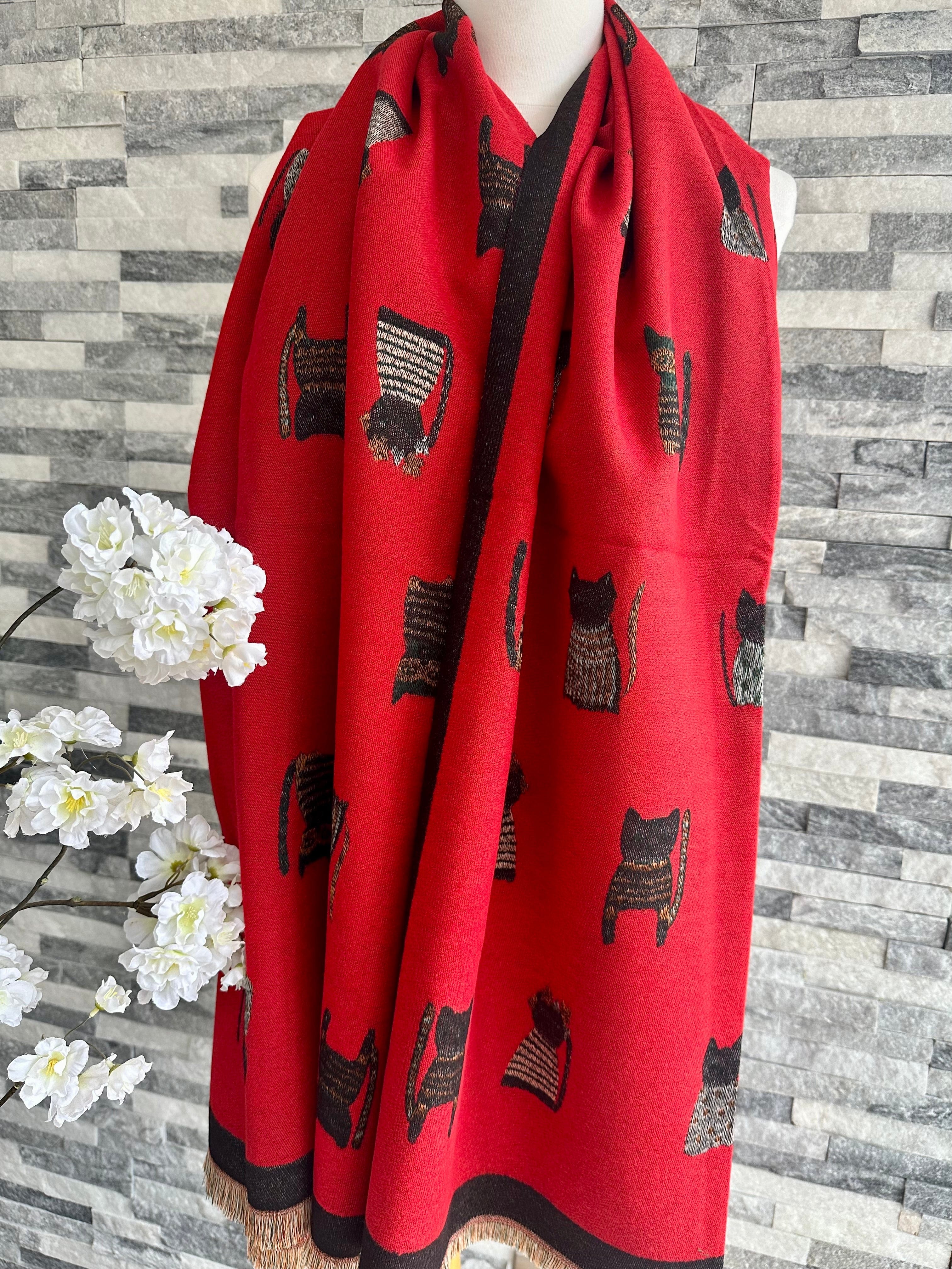 lusciousscarves Ladies Large Red Soft Blanket Scarf with a Quirky Embroidered Cats Design
