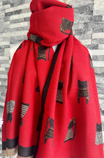 Load image into Gallery viewer, lusciousscarves Ladies Large Red Soft Blanket Scarf with a Quirky Embroidered Cats Design
