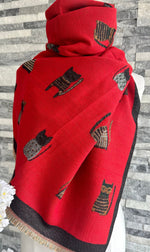 Load image into Gallery viewer, lusciousscarves Ladies Large Red Soft Blanket Scarf with a Quirky Embroidered Cats Design
