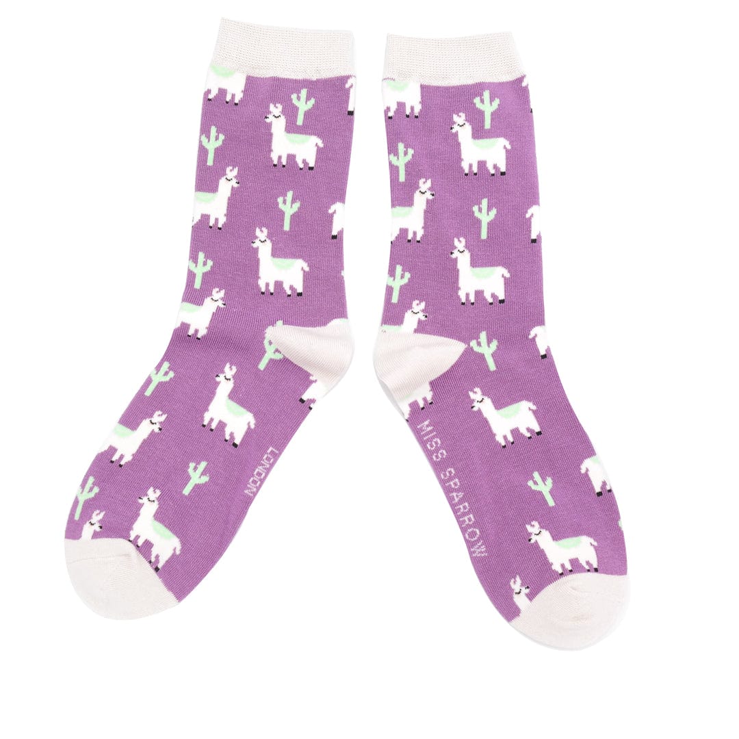 lusciousscarves Ladies Llamas and Cactus Design Bamboo Socks, Purple Miss Sparrow