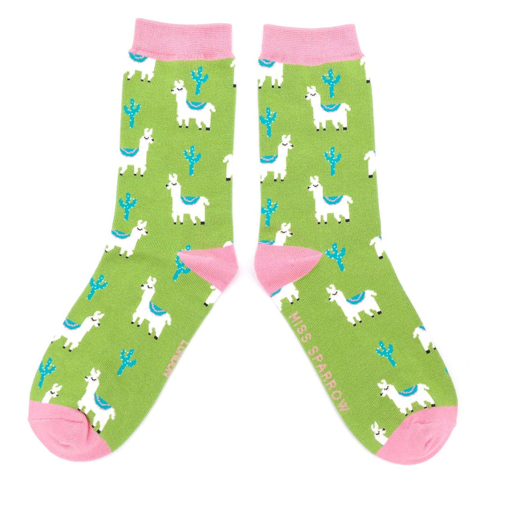 lusciousscarves Ladies Llamas and Cactus Green Bamboo Socks, Miss Sparrow