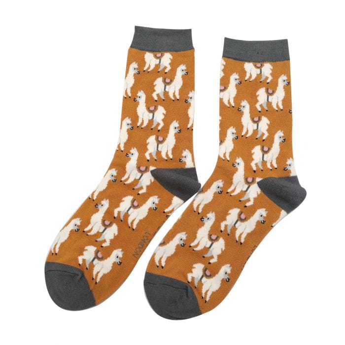 lusciousscarves Ladies Miss Sparrow Llamas Design Bamboo Socks , Mustard