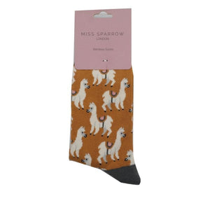 lusciousscarves Ladies Miss Sparrow Llamas Design Bamboo Socks , Mustard