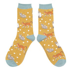 Load image into Gallery viewer, lusciousscarves Ladies Mustard Bamboo Socks, Cats Design, Miss Sparrow

