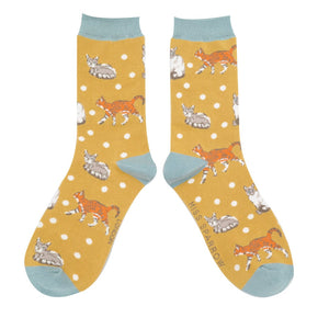 lusciousscarves Ladies Mustard Bamboo Socks, Cats Design, Miss Sparrow