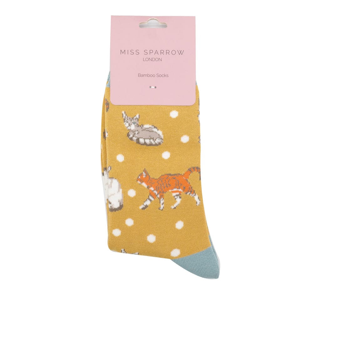 lusciousscarves Ladies Mustard Bamboo Socks, Cats Design, Miss Sparrow