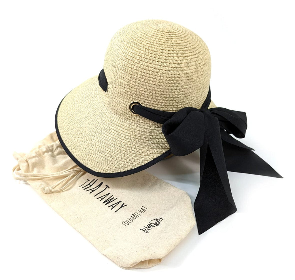 lusciousscarves Ladies Natural Open Back Foldable, Packable Sun Hat , Black Ribbon Bow Design