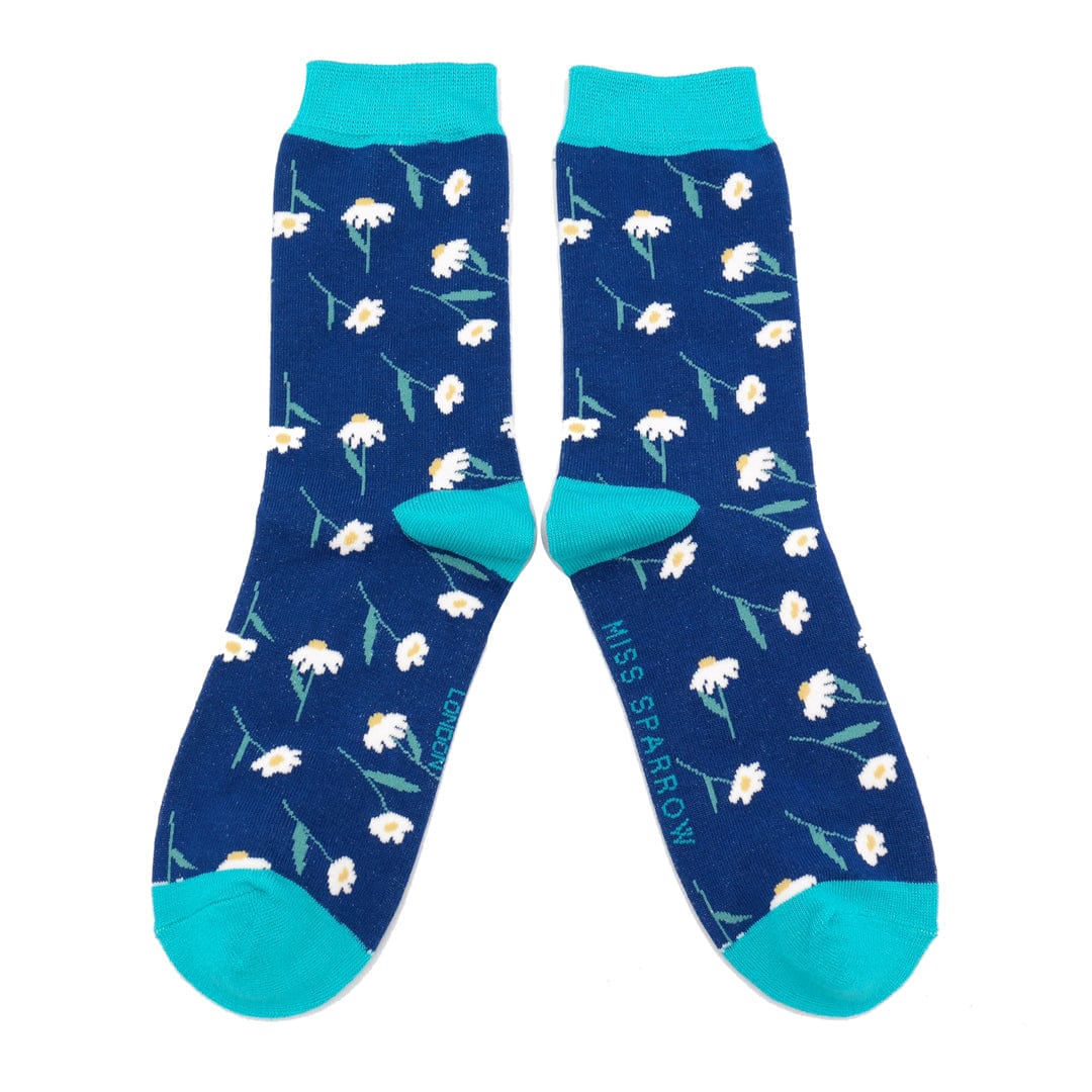 lusciousscarves Ladies Navy Bamboo Socks With Daisies, Miss Sparrow