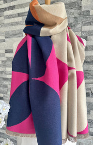 lusciousscarves Ladies Navy, Pink, Orange and Beige Blanket Scarf with a Large Leaves Design.