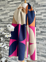 Load image into Gallery viewer, lusciousscarves Ladies Navy, Pink, Orange and Beige Blanket Scarf with a Large Leaves Design.

