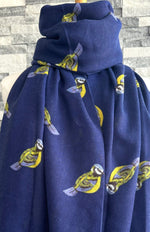 Load image into Gallery viewer, lusciousscarves Ladies Navy Scarf with Blue Tits Design.
