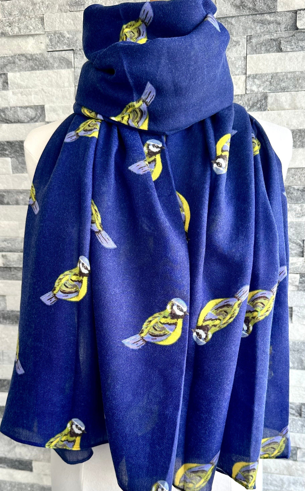 lusciousscarves Ladies Navy Scarf with Blue Tits Design.