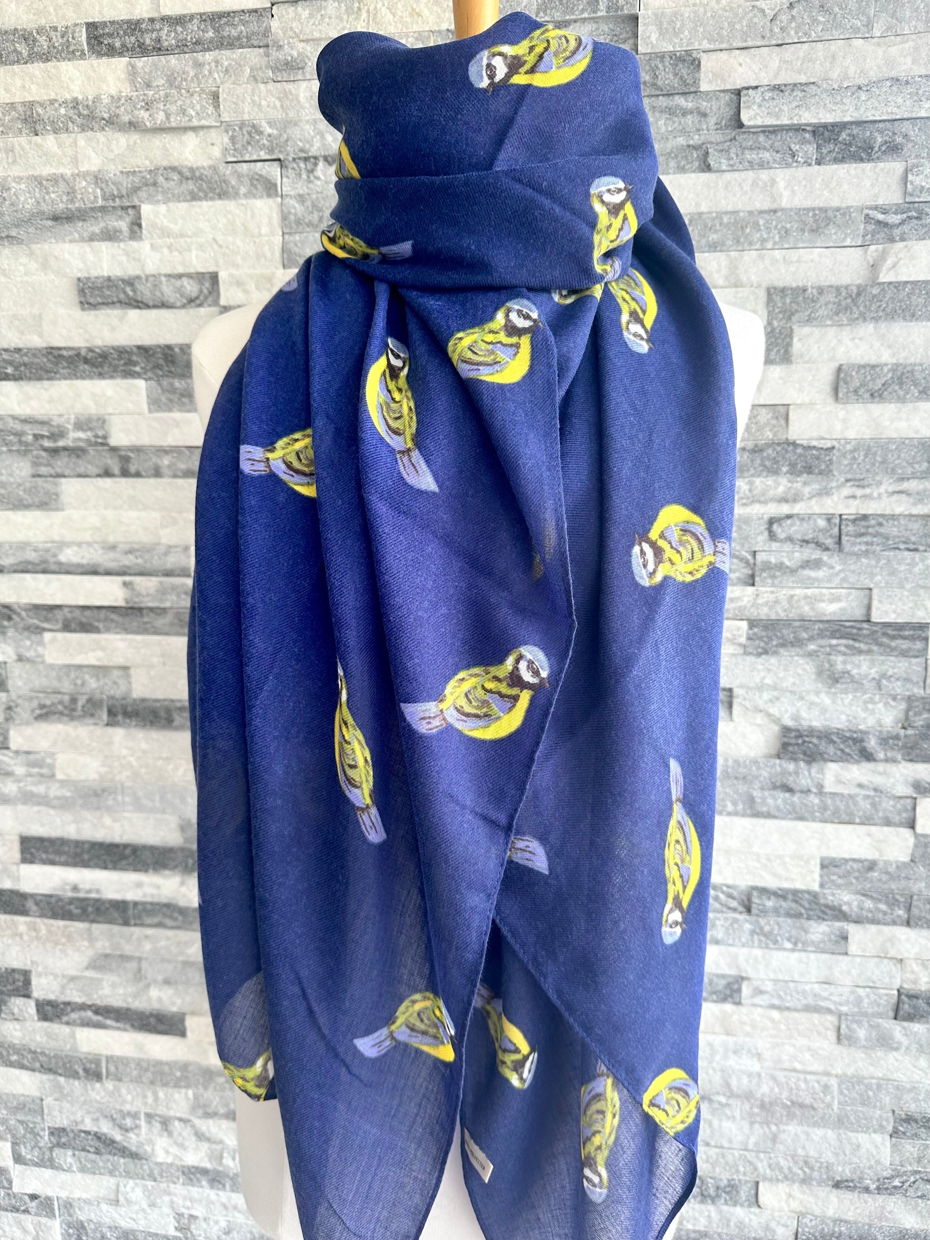 lusciousscarves Ladies Navy Scarf with Blue Tits Design.