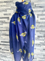 Load image into Gallery viewer, lusciousscarves Ladies Navy Scarf with Blue Tits Design.
