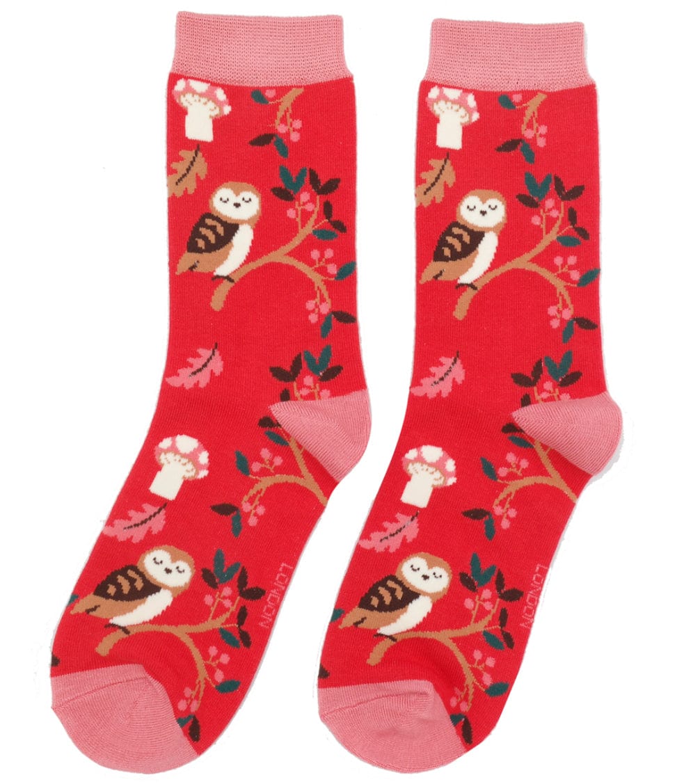 lusciousscarves Ladies Owls and Woodland Bamboo Socks, Miss Sparrow, Red