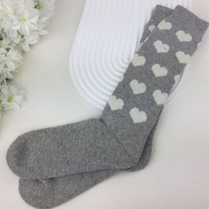lusciousscarves Ladies Pale Grey Wool Blend Long Socks with Hearts Design, 4-8