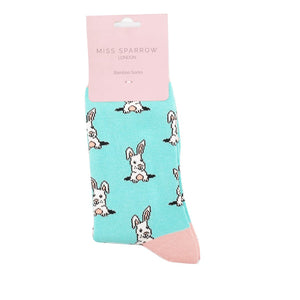 lusciousscarves Ladies Peek a Boo Bunny Rabbits Bamboo Socks, Miss Sparrow Blue