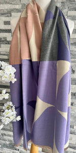 lusciousscarves Ladies Pink, Grey and Lilac Soft Blanket Scarf with a Large Leaves Design.