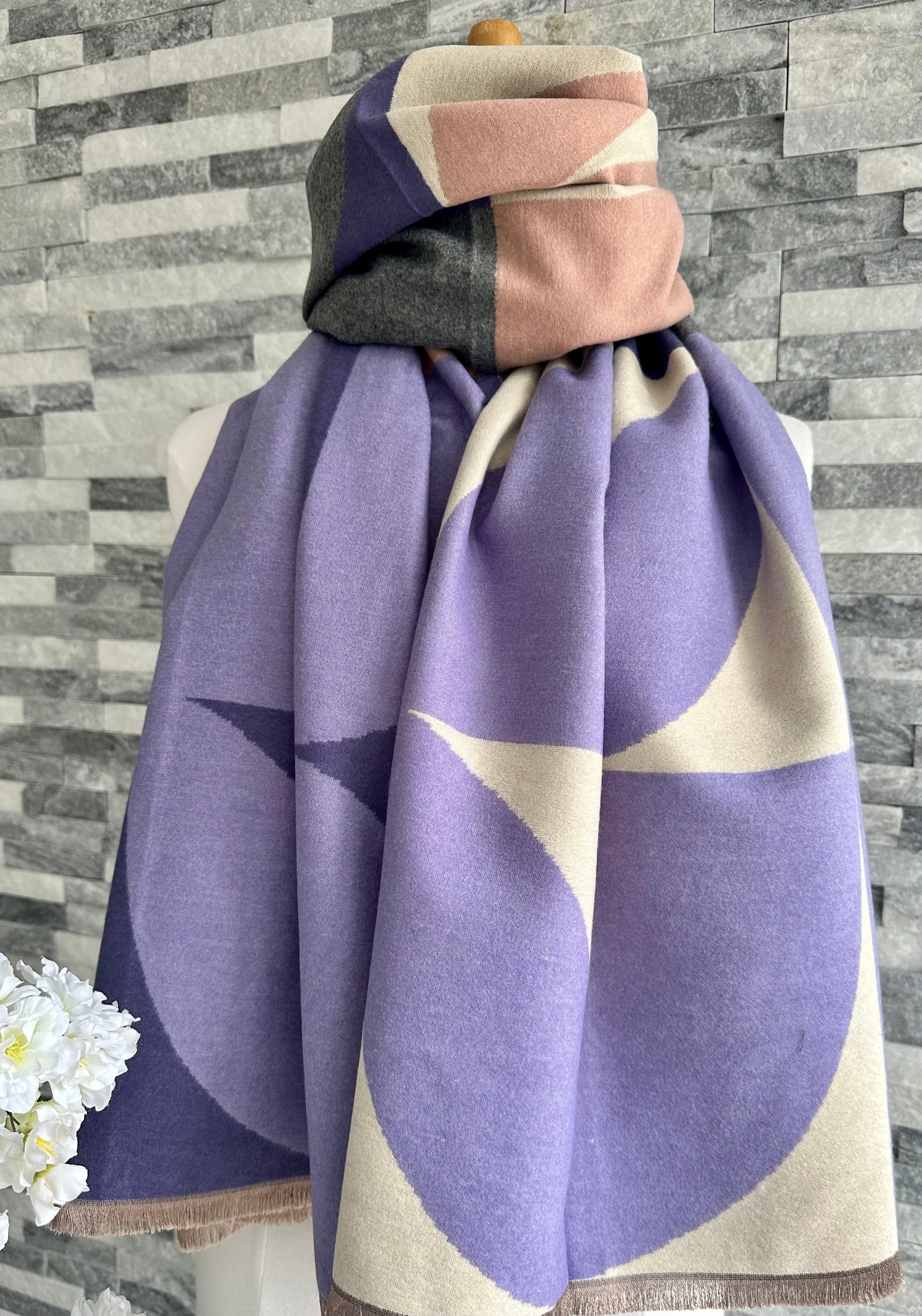lusciousscarves Ladies Pink, Grey and Lilac Soft Blanket Scarf with a Large Leaves Design.