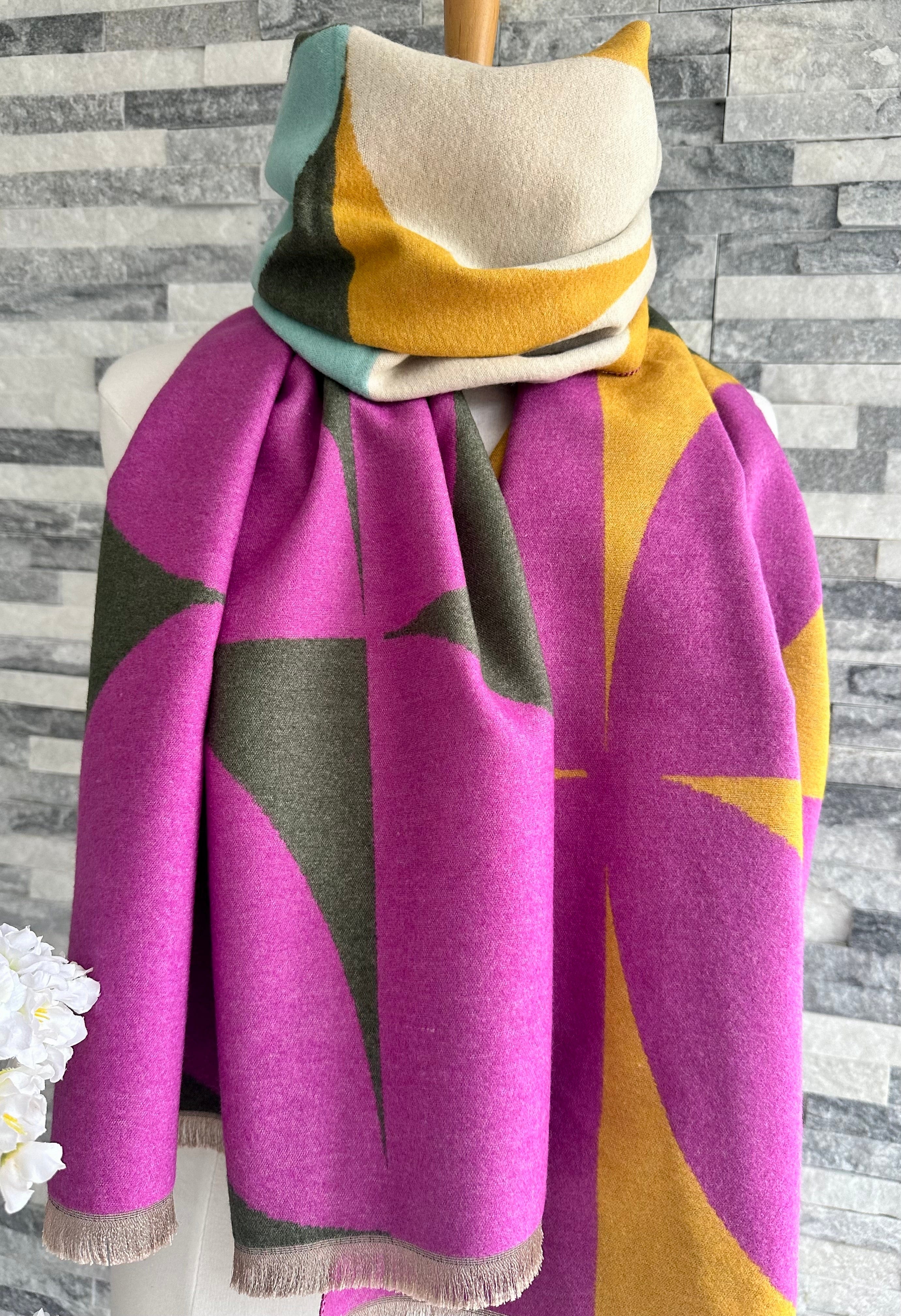 lusciousscarves Ladies Pink, Grey, Mustard and Aqua Blanket Scarf with a Large Leaves Design