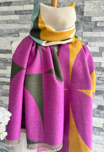 lusciousscarves Ladies Pink, Grey, Mustard and Aqua Blanket Scarf with a Large Leaves Design