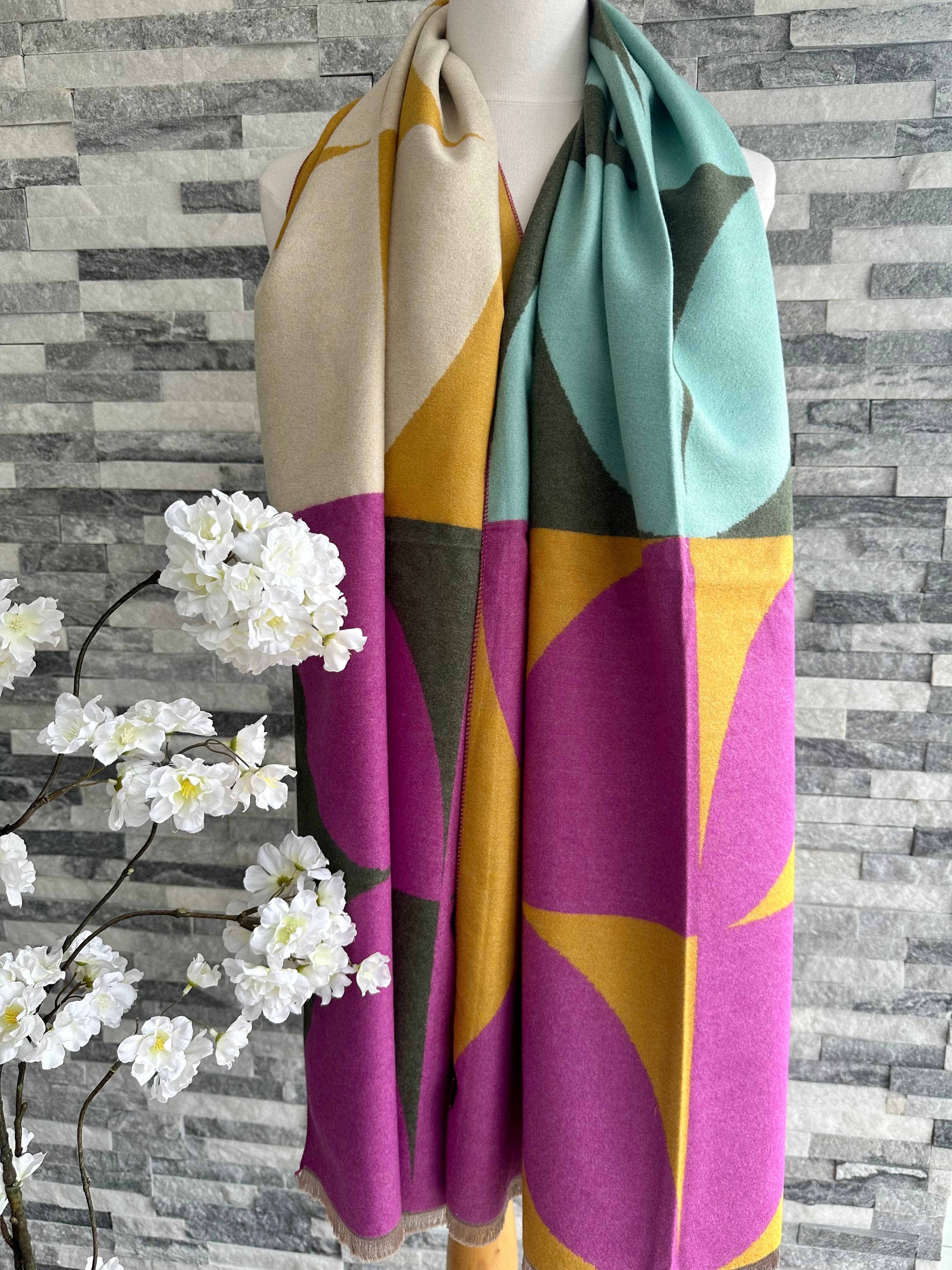 lusciousscarves Ladies Pink, Grey, Mustard and Aqua Blanket Scarf with a Large Leaves Design