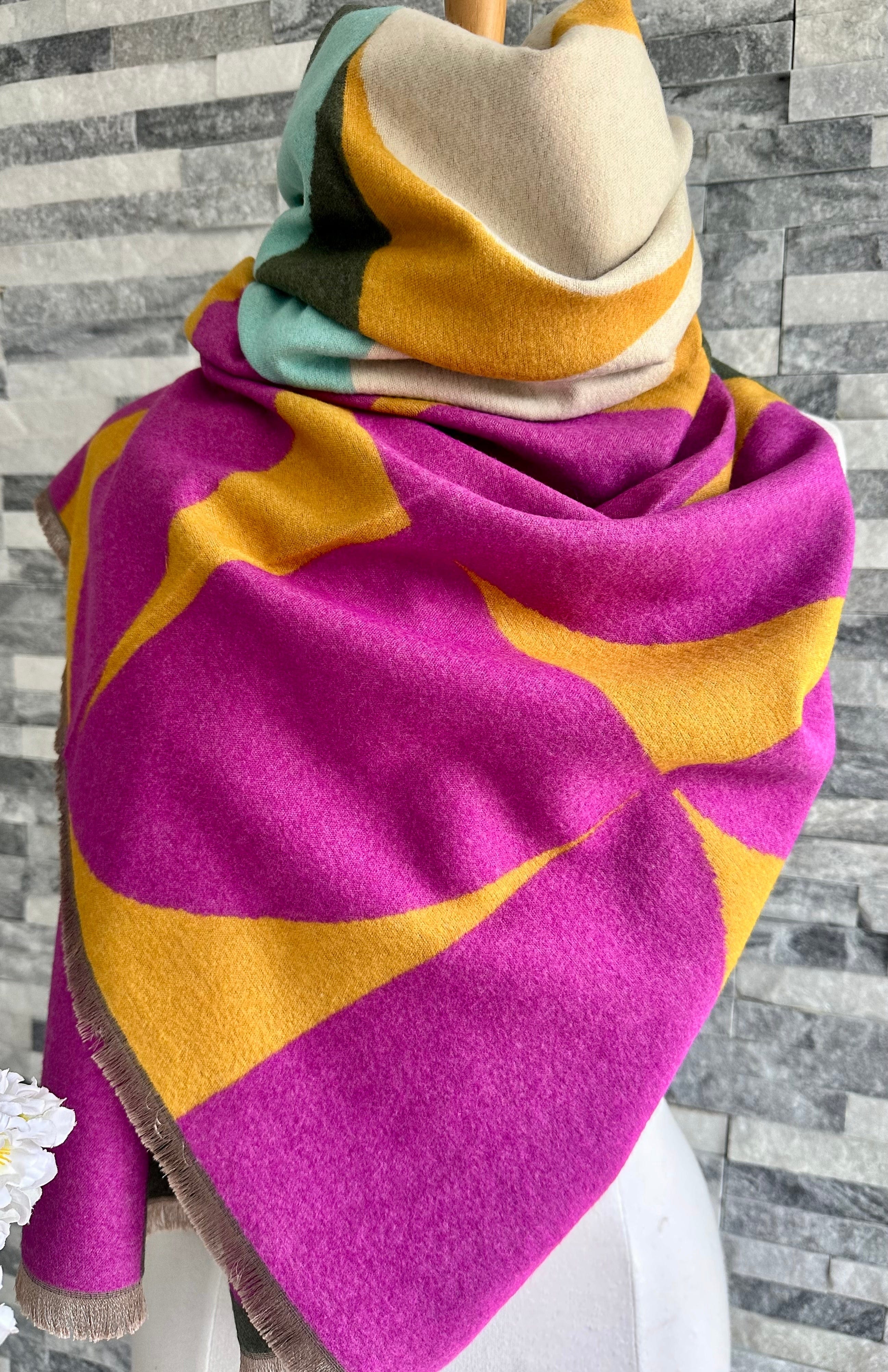 lusciousscarves Ladies Pink, Grey, Mustard and Aqua Blanket Scarf with a Large Leaves Design