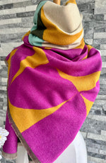 Load image into Gallery viewer, lusciousscarves Ladies Pink, Grey, Mustard and Aqua Blanket Scarf with a Large Leaves Design
