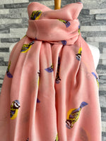 Load image into Gallery viewer, lusciousscarves Ladies Pink Scarf with Blue Tits Design.
