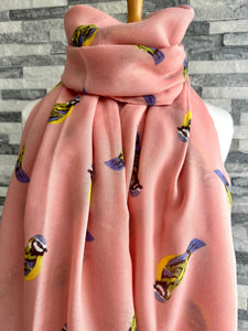lusciousscarves Ladies Pink Scarf with Blue Tits Design.