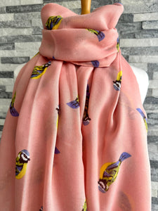 lusciousscarves Ladies Pink Scarf with Blue Tits Design.