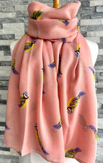 Load image into Gallery viewer, lusciousscarves Ladies Pink Scarf with Blue Tits Design.
