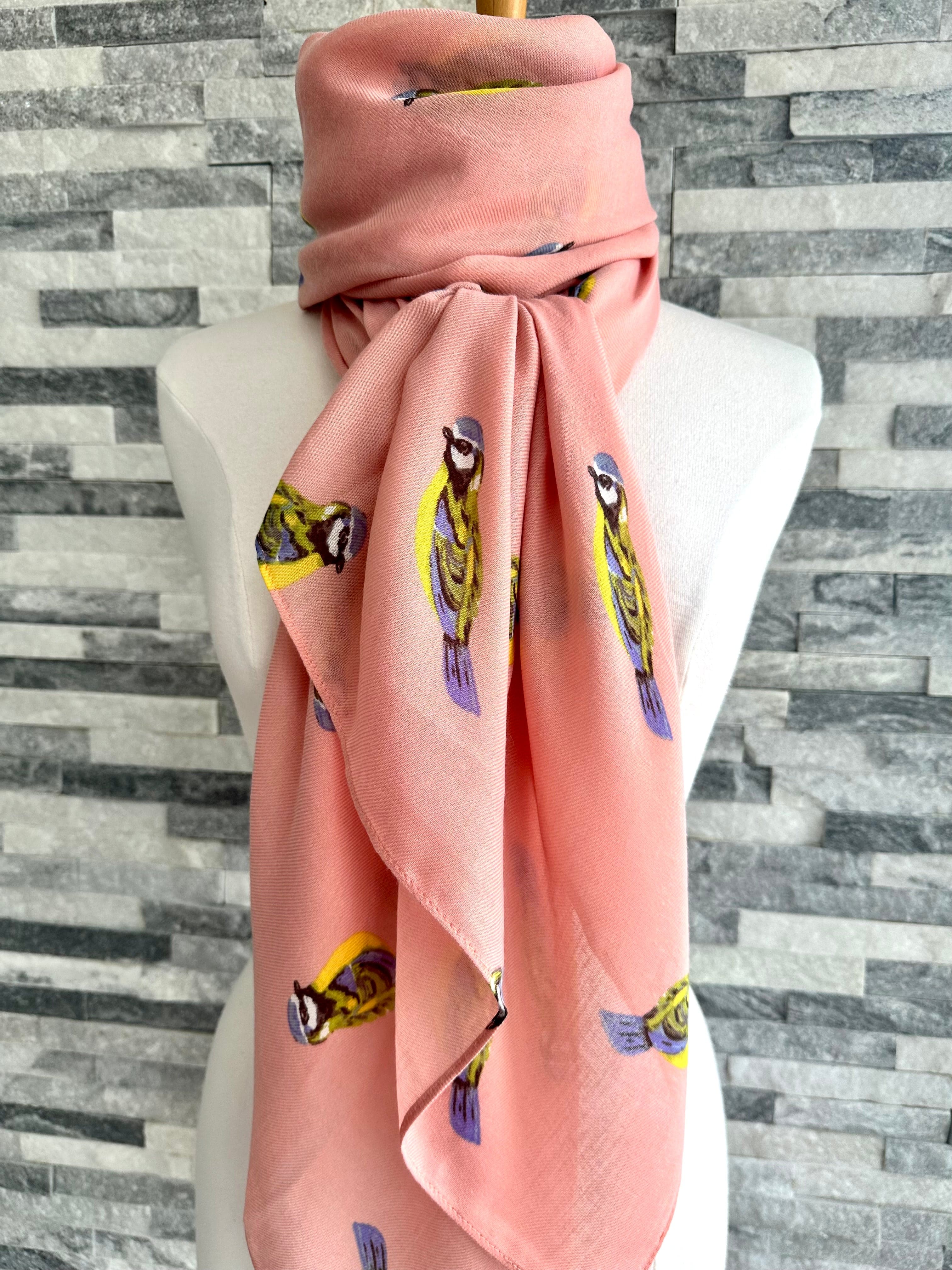 lusciousscarves Ladies Pink Scarf with Blue Tits Design.