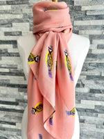 Load image into Gallery viewer, lusciousscarves Ladies Pink Scarf with Blue Tits Design.
