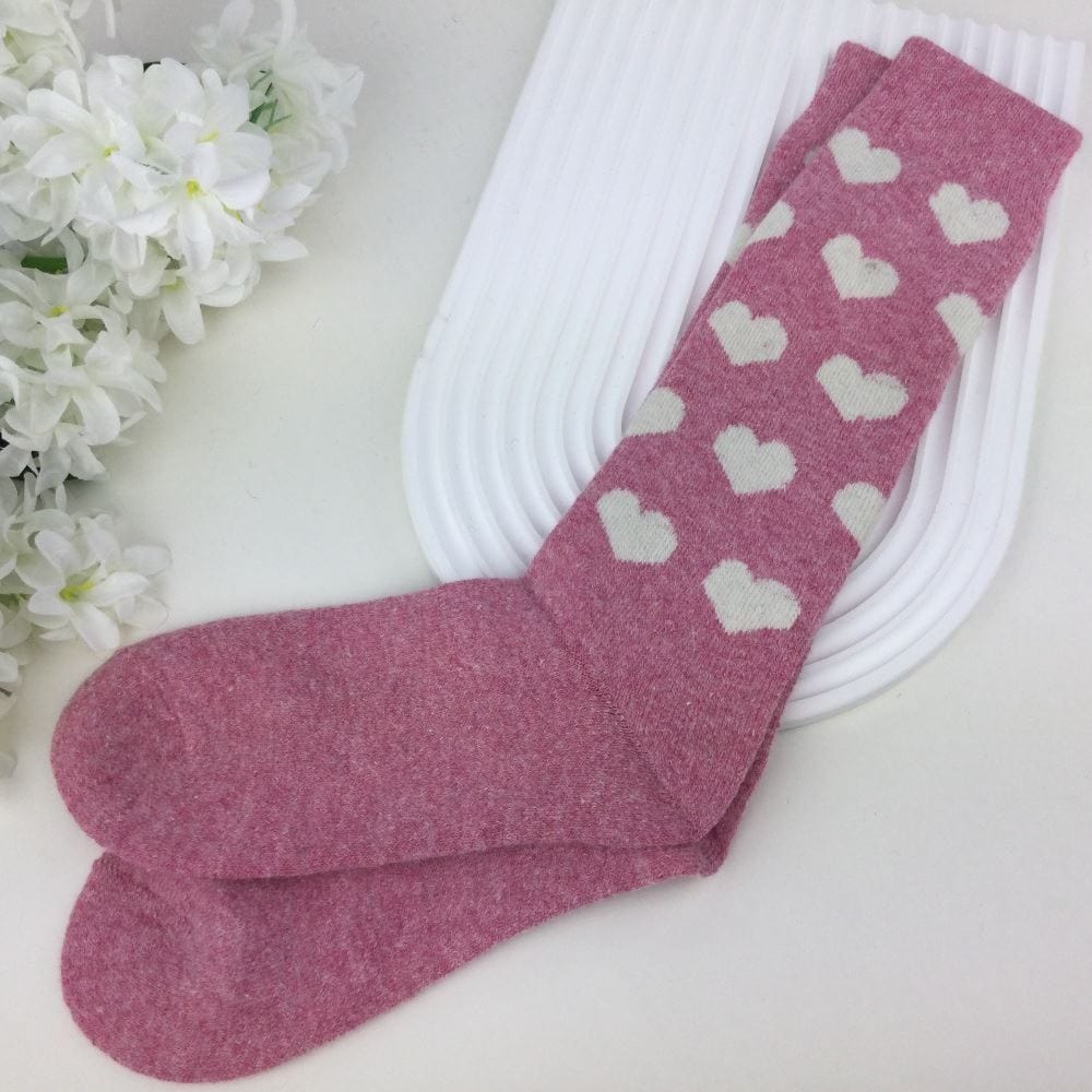 lusciousscarves Ladies Pink Wool Blend Long Socks with Hearts Design, 4-8