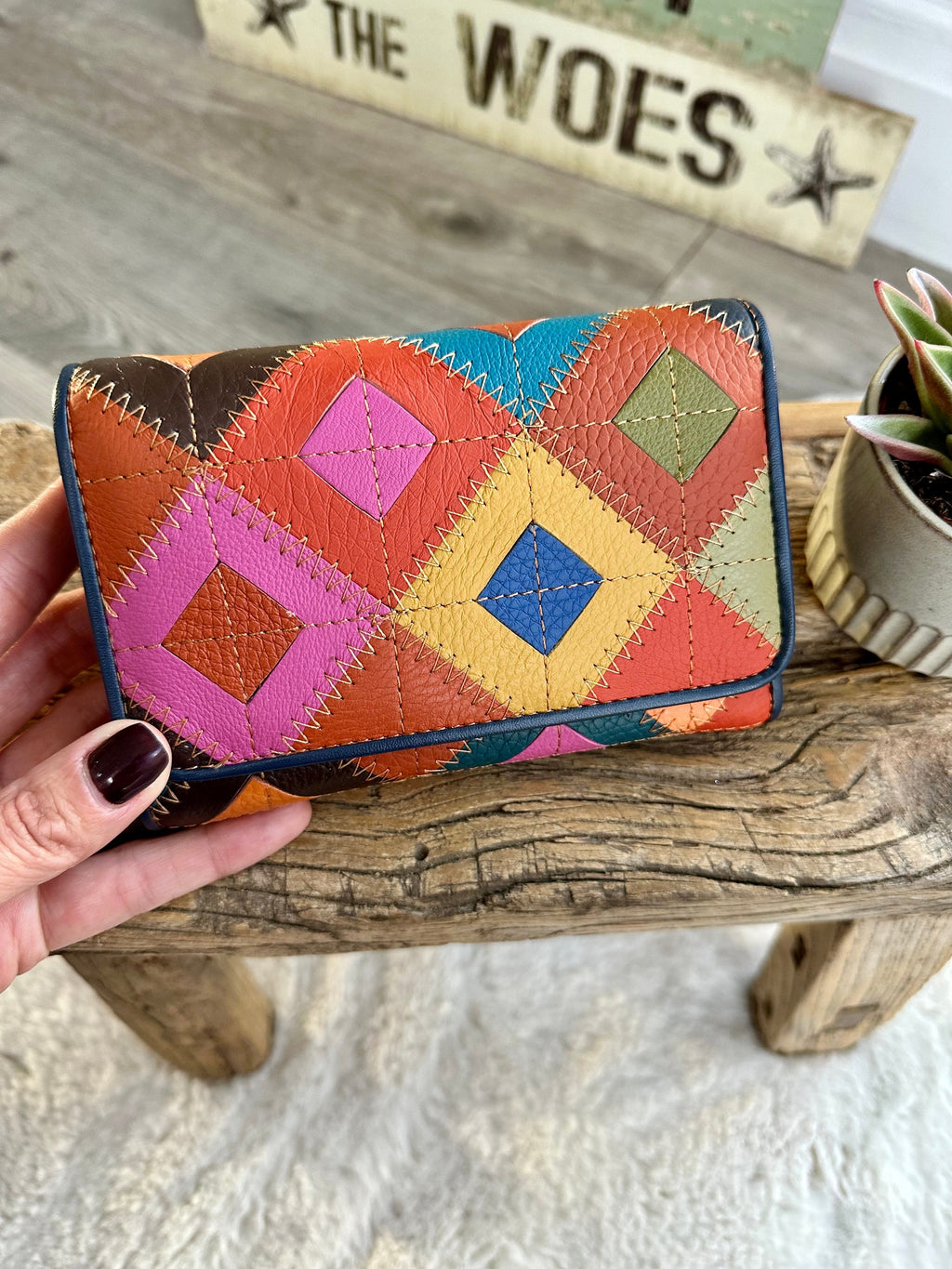 lusciousscarves Ladies purse Multi Coloured Patchwork Italian Leather Bi-Fold Purse, Navy Edging