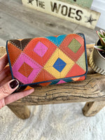Load image into Gallery viewer, lusciousscarves Ladies purse Multi Coloured Patchwork Italian Leather Bi-Fold Purse, Navy Edging
