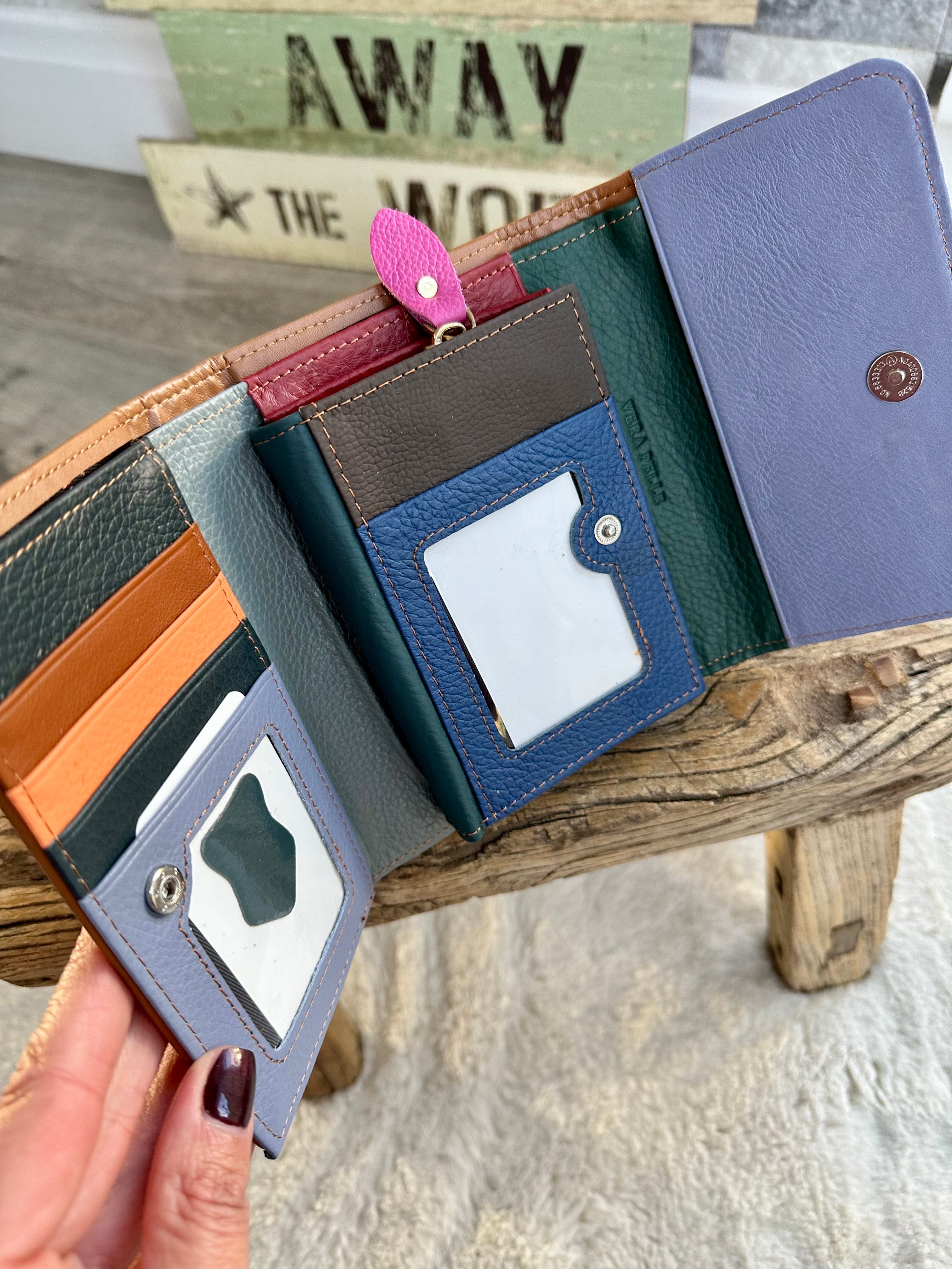 lusciousscarves Ladies purse Multi Coloured Patchwork Italian Leather Bi-Fold Purse, Navy Edging