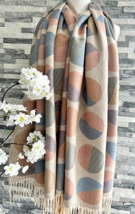 lusciousscarves Ladies Soft Wool Blend Lilac, Cream and Pale Pink Circles Scarf.