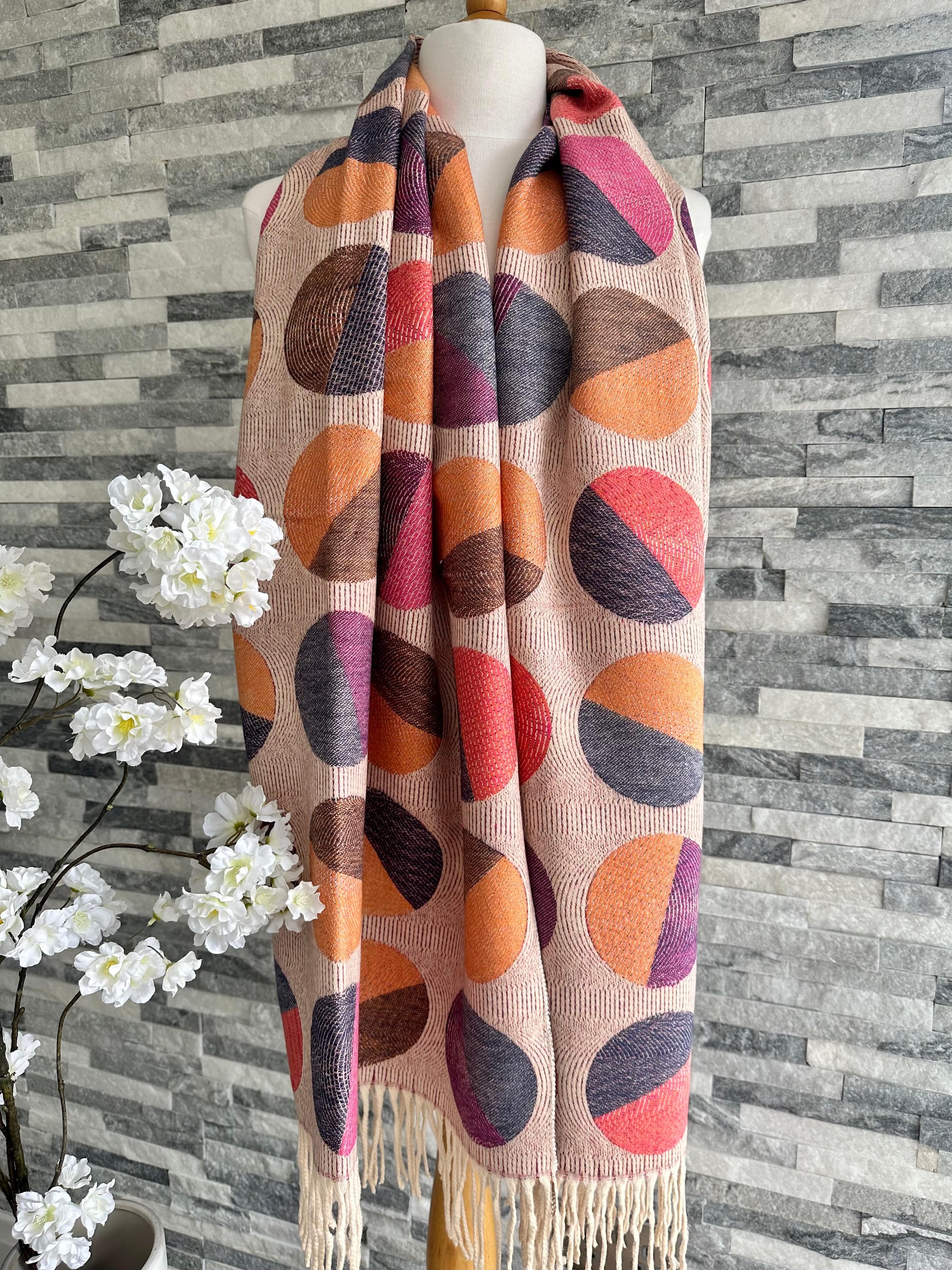 lusciousscarves Ladies Soft Wool Blend Orange, Purple , Pink and Brown Circles Scarf