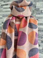 Load image into Gallery viewer, lusciousscarves Ladies Soft Wool Blend Orange, Purple , Pink and Brown Circles Scarf
