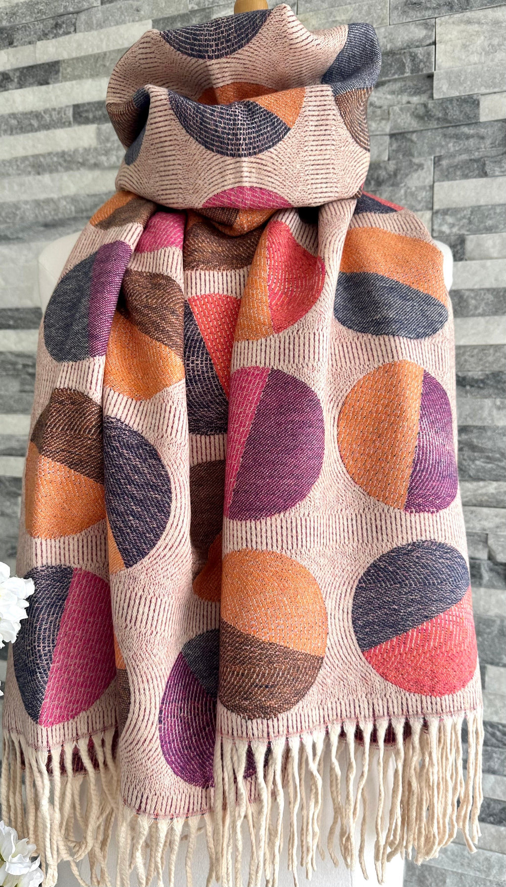 lusciousscarves Ladies Soft Wool Blend Orange, Purple , Pink and Brown Circles Scarf